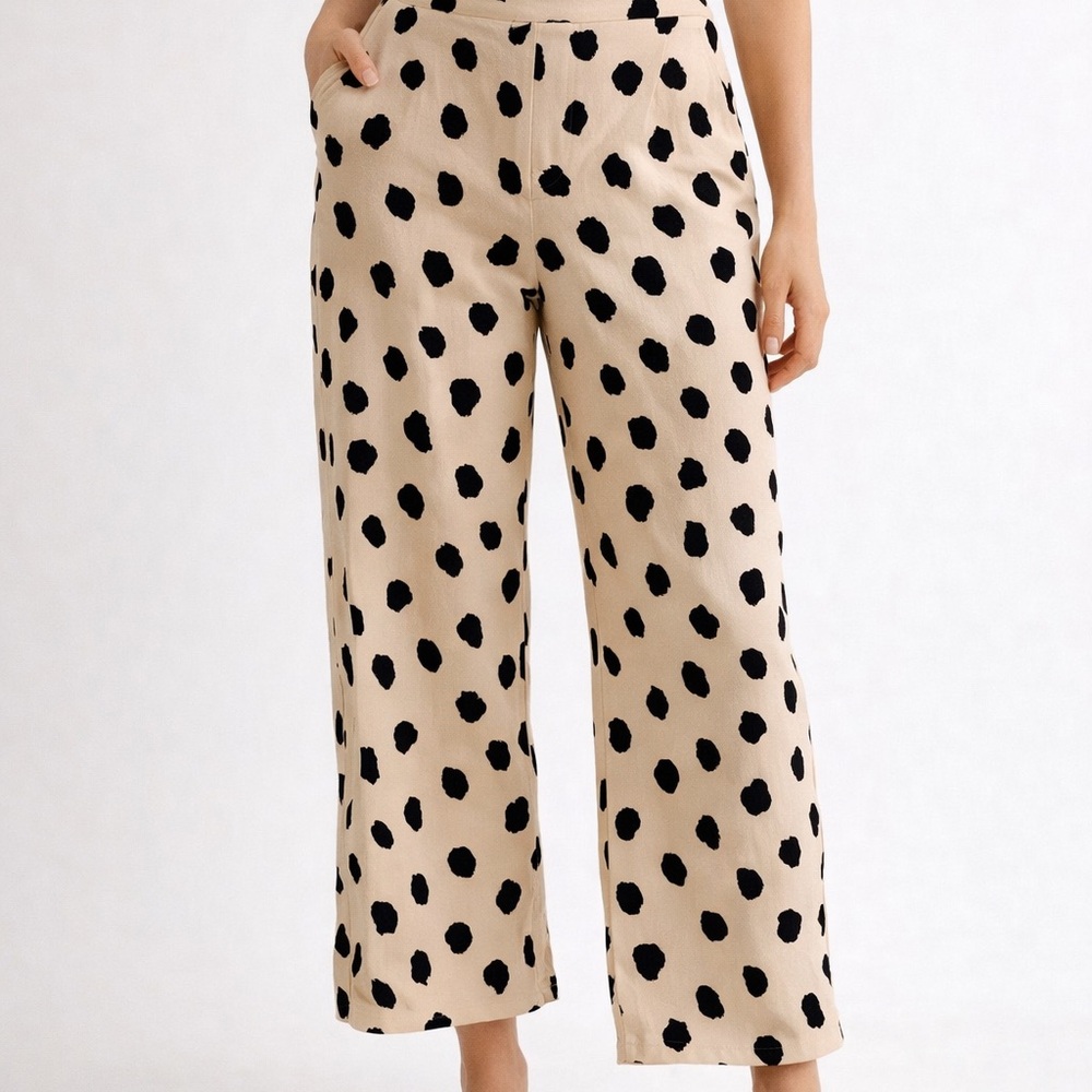 Beige Polka Dot Wide-Leg Pants with Pockets